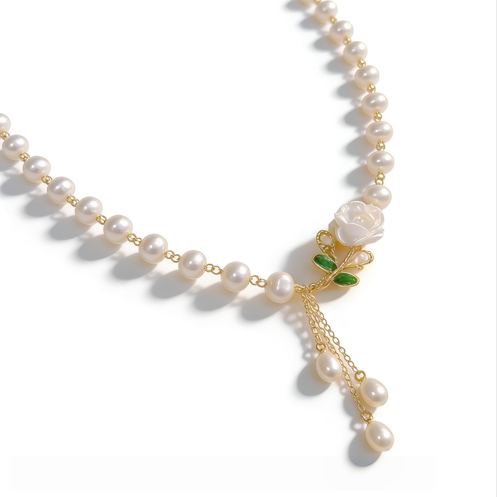 S925 Silver Rose Pearl Tassel Necklace, French Gentle Style Camellia Adjustable Pearl Clavicle Chain