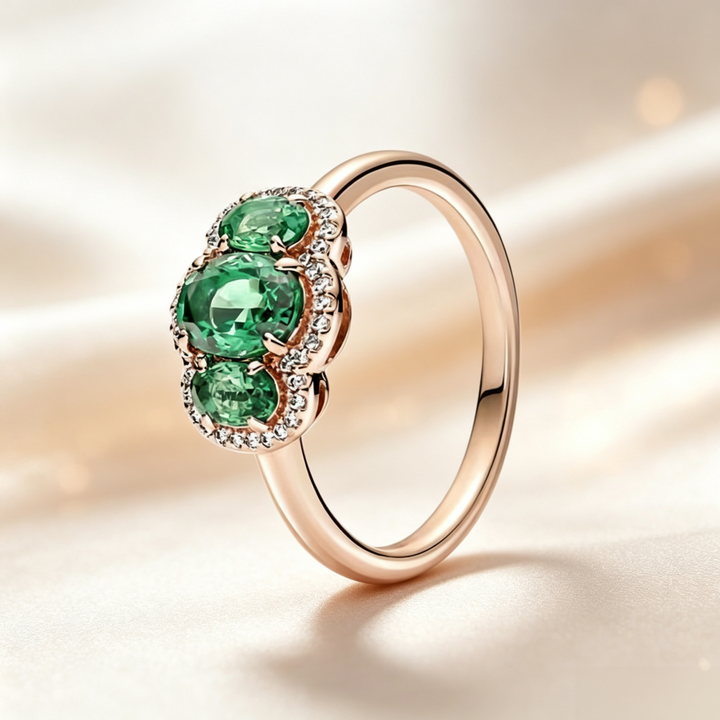 Three‑Stone Oval Halo Ladies Ring, Two‑Color Options