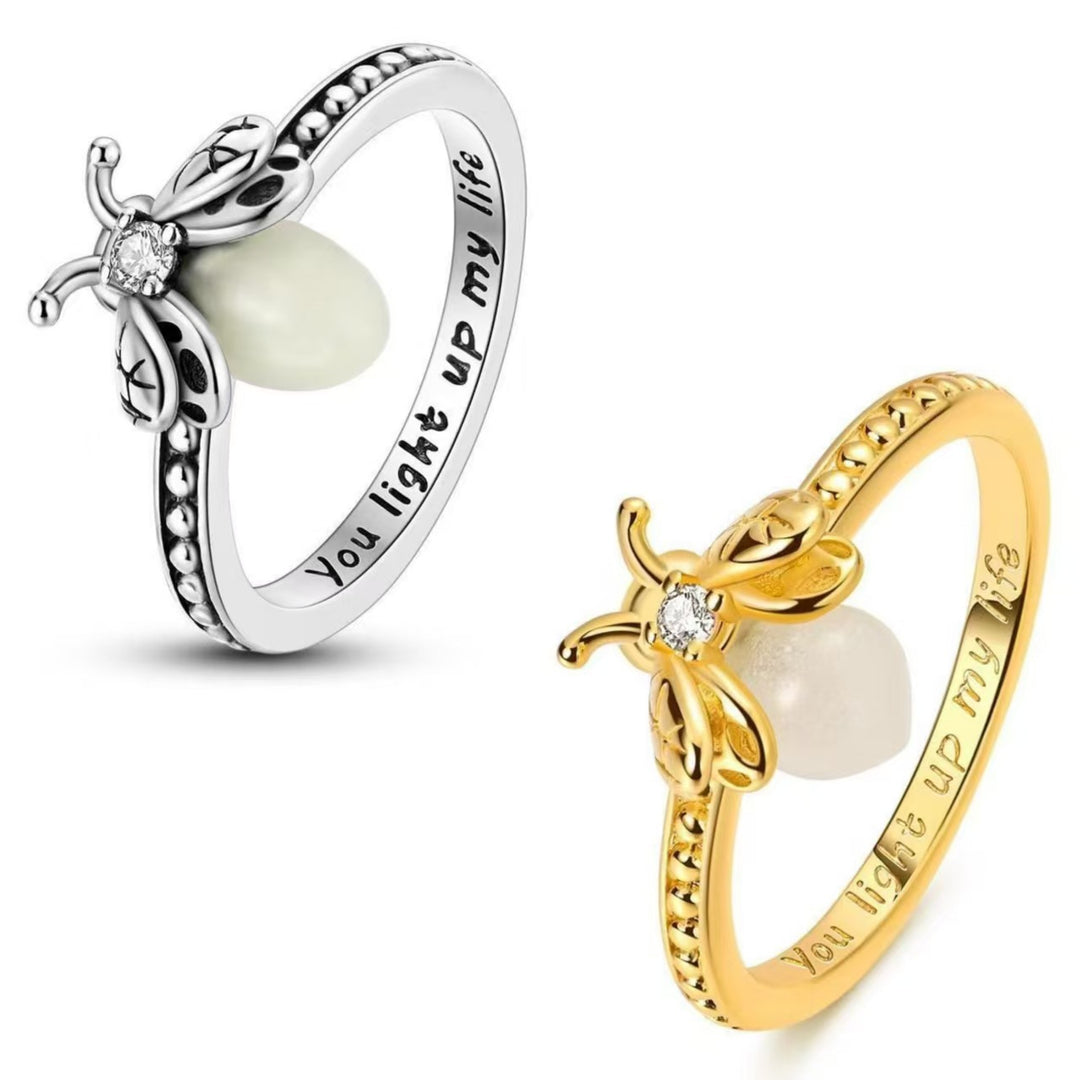 S925 Silver Bee Luminous Bead Engraved Ring, Two‑Tone Vintage Insect‑Theme Ring for Women