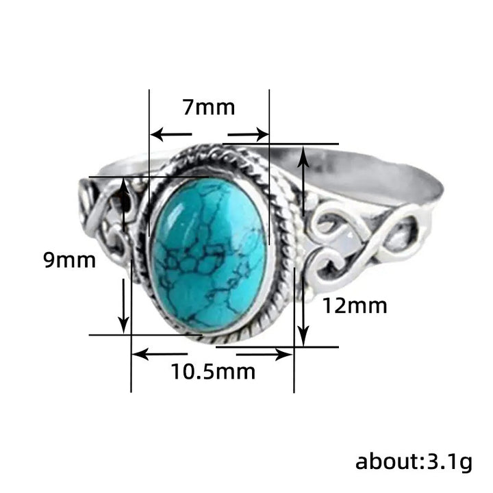 Vintage Turquoise Vines Carved Ring, 3-Tone Ethnic Oval Natural Stone Bohemian Ring for Women