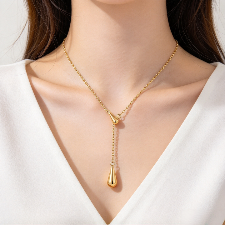 Polished Teardrop Y‑Shape S925 Silver Gold‑Plated Necklace