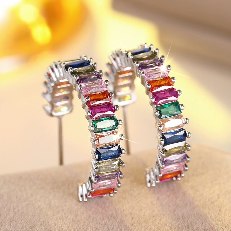 Rainbow Baguette Diamond Curved Stud Earrings (Silver Luxury Women's Earrings)