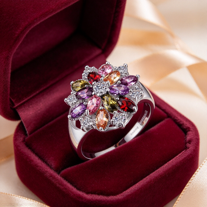 Multicolor Marquise Gemstone Floral S925 Silver Ring