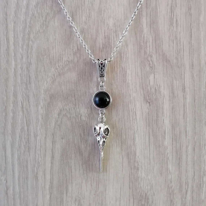Raven Skull Black Onyx S925 Silver Necklace, Vintage Antiqued Gothic Crown Bird Head Pendant, Unique Necklace For Men