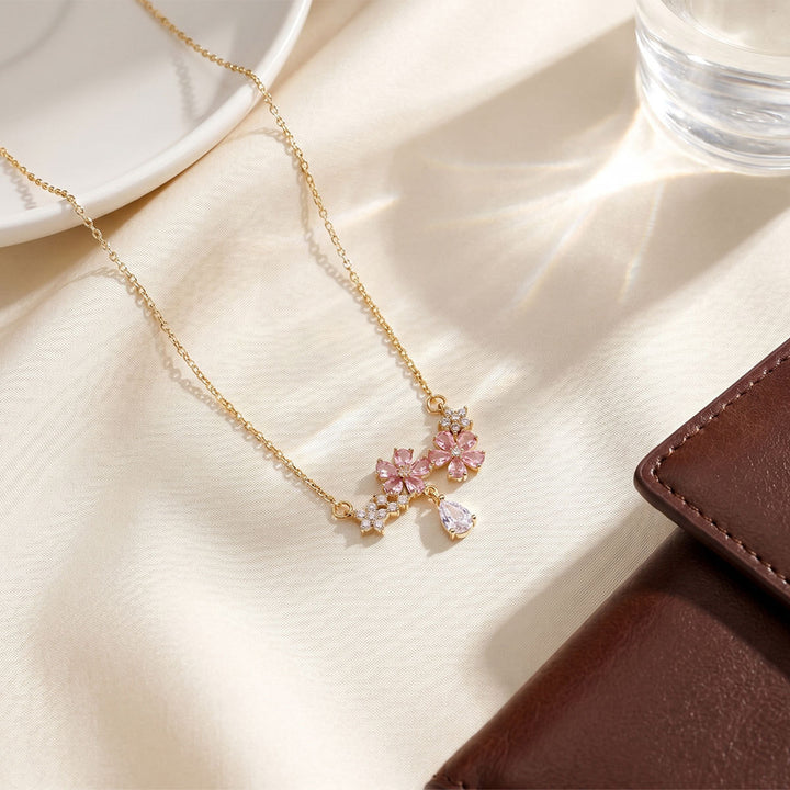 Pink Diamond Cherry Blossom Teardrop Clavicle Necklace, Dainty Floral Paved Stone Thin Chain
