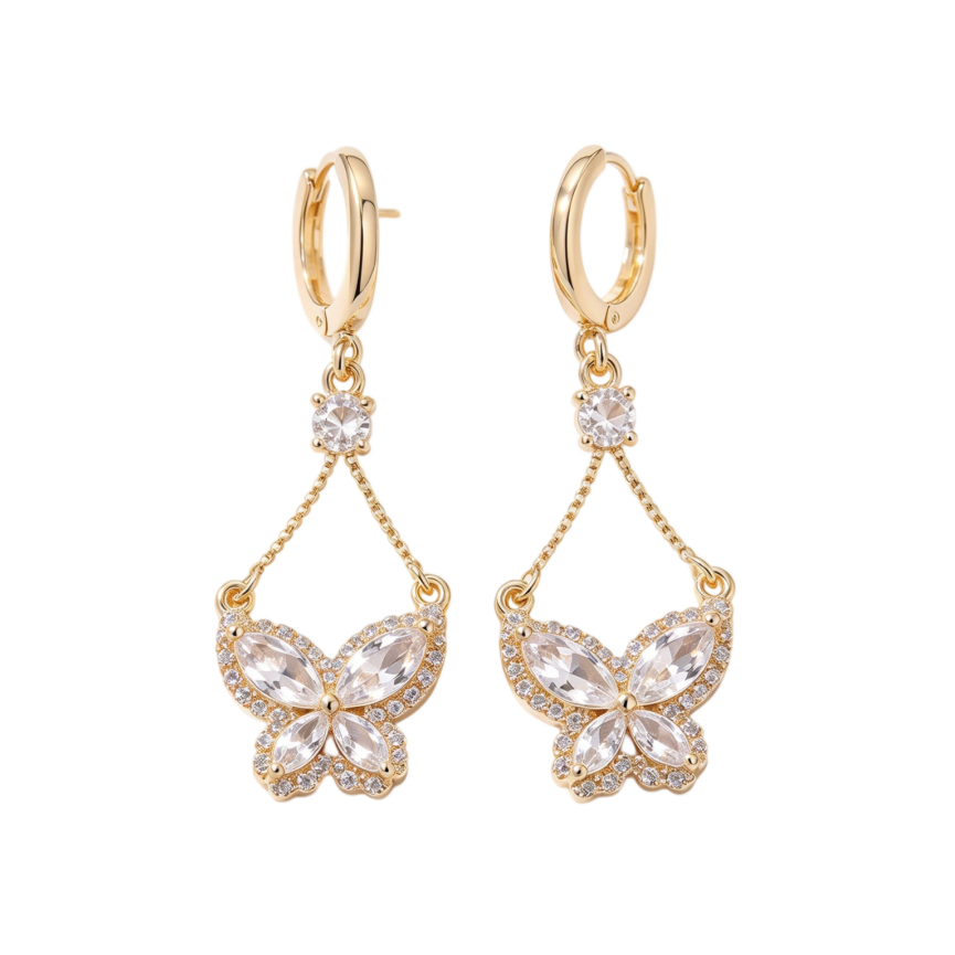 Gold Diamond Butterfly Long Drop Huggie Earrings, Luxury Dainty Chain Butterfly Earrings
