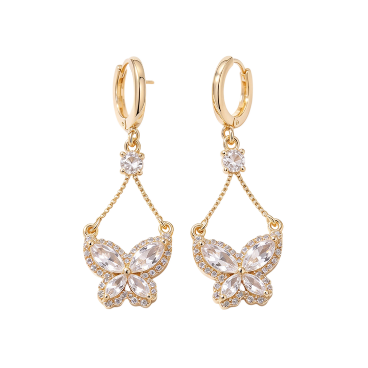 Gold Diamond Butterfly Long Drop Huggie Earrings, Luxury Dainty Chain Butterfly Earrings