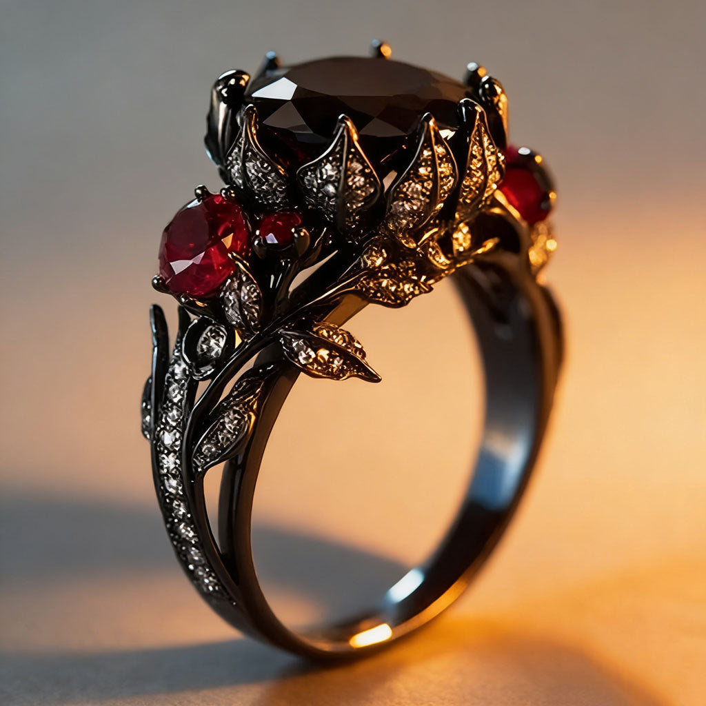 Dark Gothic Vine Garnet Statement Ring (Vintage Luxury Women's Band)