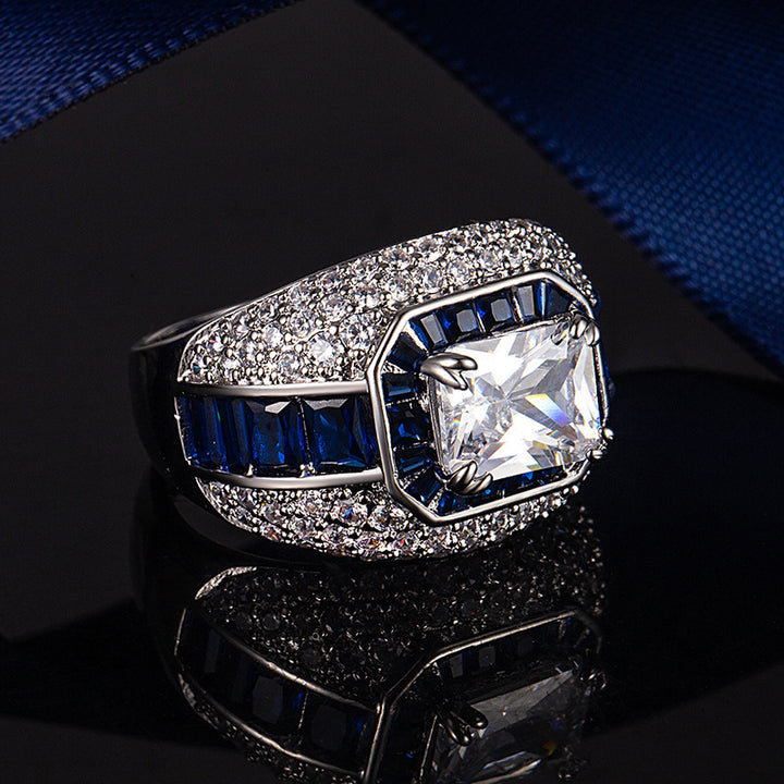 Emerald‑Cut Center Stone Luxurious Pavé S925 Sterling Silver Men's Ring, Two‑Tone Available