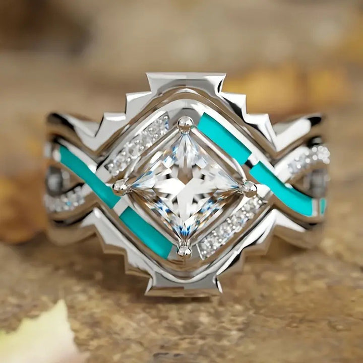 Native American Style Turquoise Inlay Diamond Stackable Ring Set, Square Gem Luxury Engagement Stacking Band
