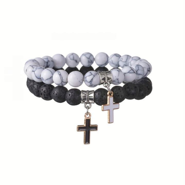 Black Lava Stone & White Turquoise Cross Couple Bracelets（1part/2 pcs）