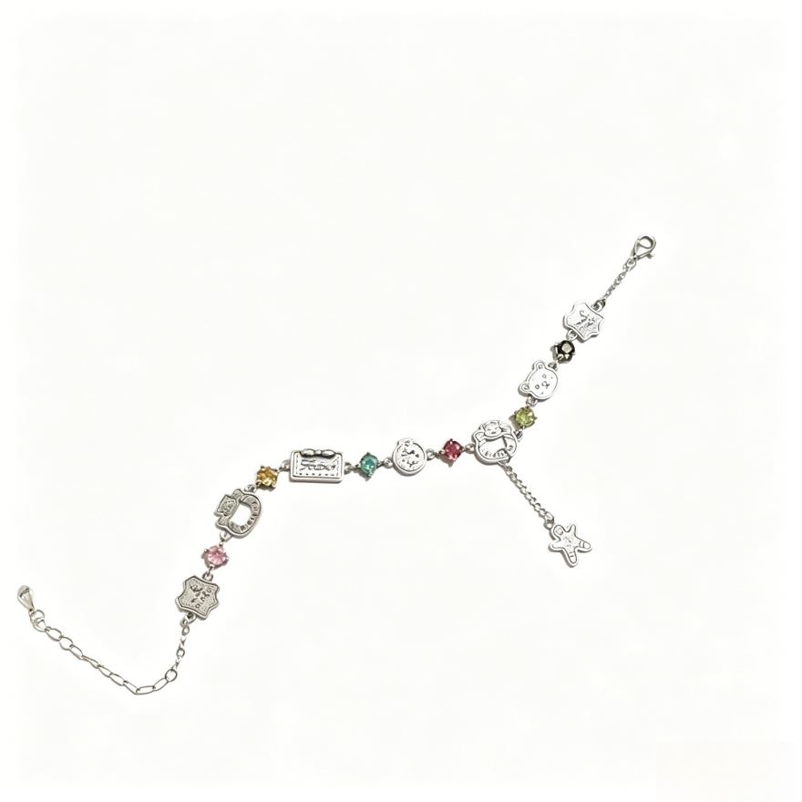 Cute Cartoon Charm Multi-Color Diamond Bracelet (Antique Silver Y2K Women's Chain)