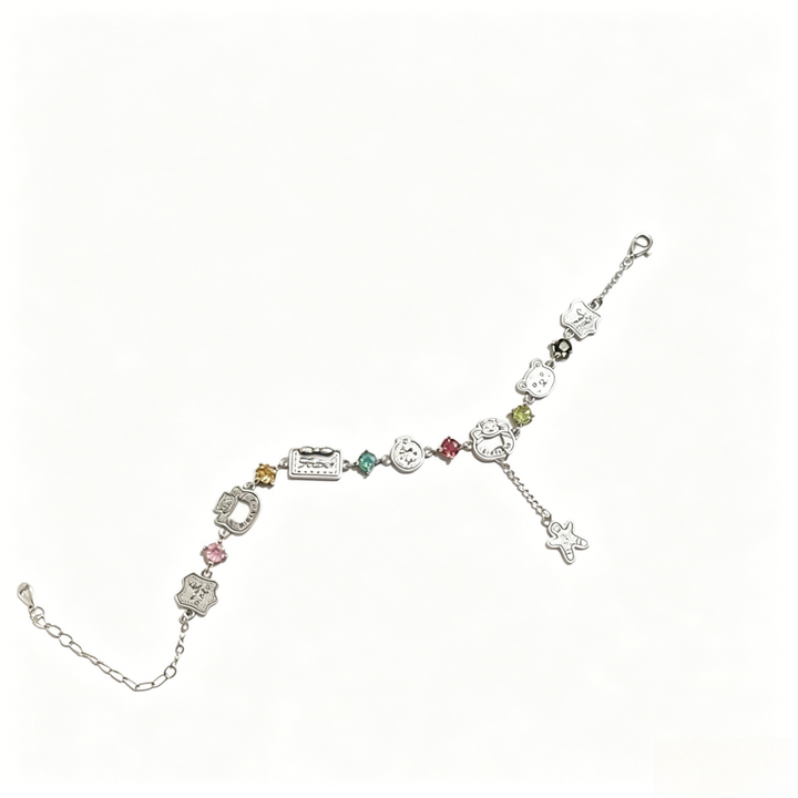 Cute Cartoon Charm Multi-Color Diamond Bracelet (Antique Silver Y2K Women's Chain)