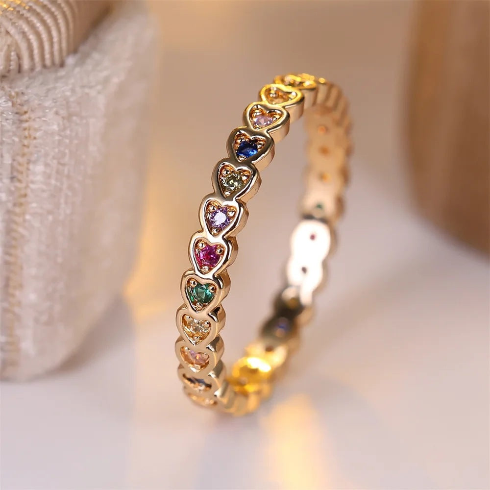 Heart Full Circle Colorful Diamond Eternity Ring, Gold & Silver Dainty Stackable Closed Band Ring for Women