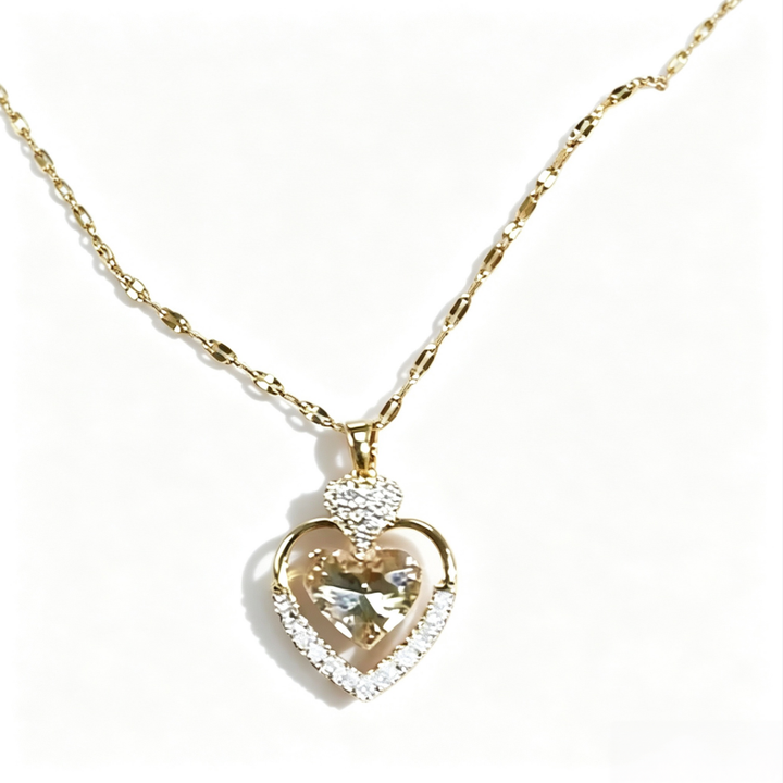 Double Layer Heart Champagne Diamond Pendant Necklace