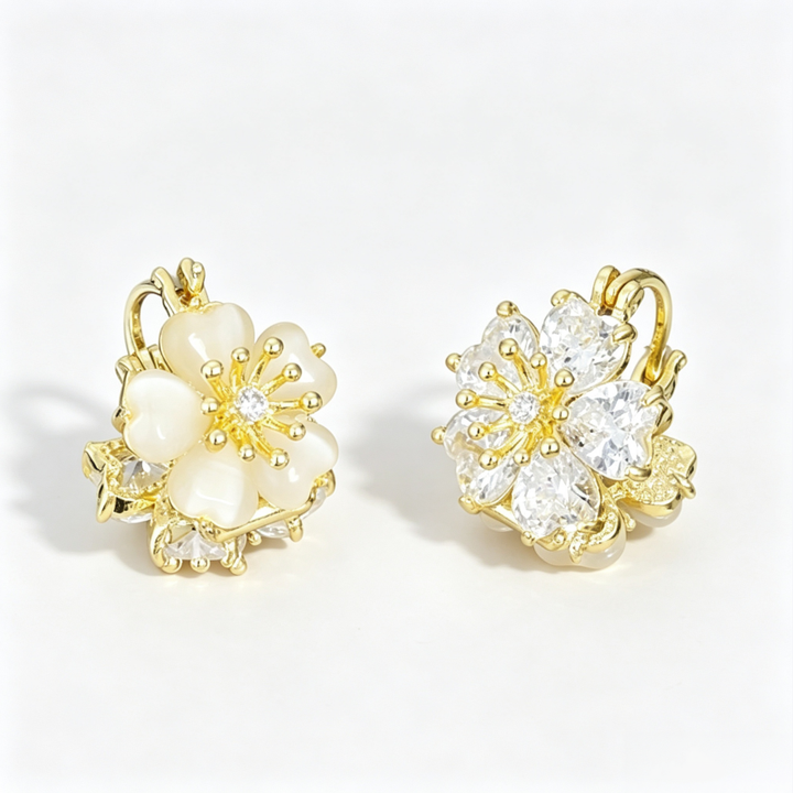 Double Sided Flower Diamond Hoop Earrings, Luxury 2-Wear Petal Diamond Earrings, Gold Elegant Earrings