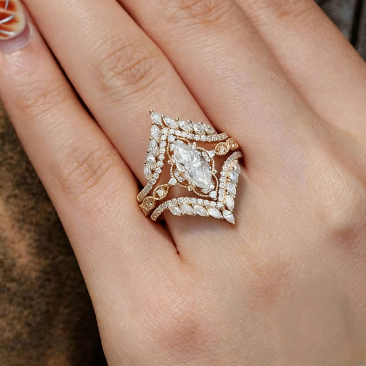 Marquise Diamond Dream Vintage Ring Set (Luxury Romantic Engagement Wedding 3-Piece Band Set)
