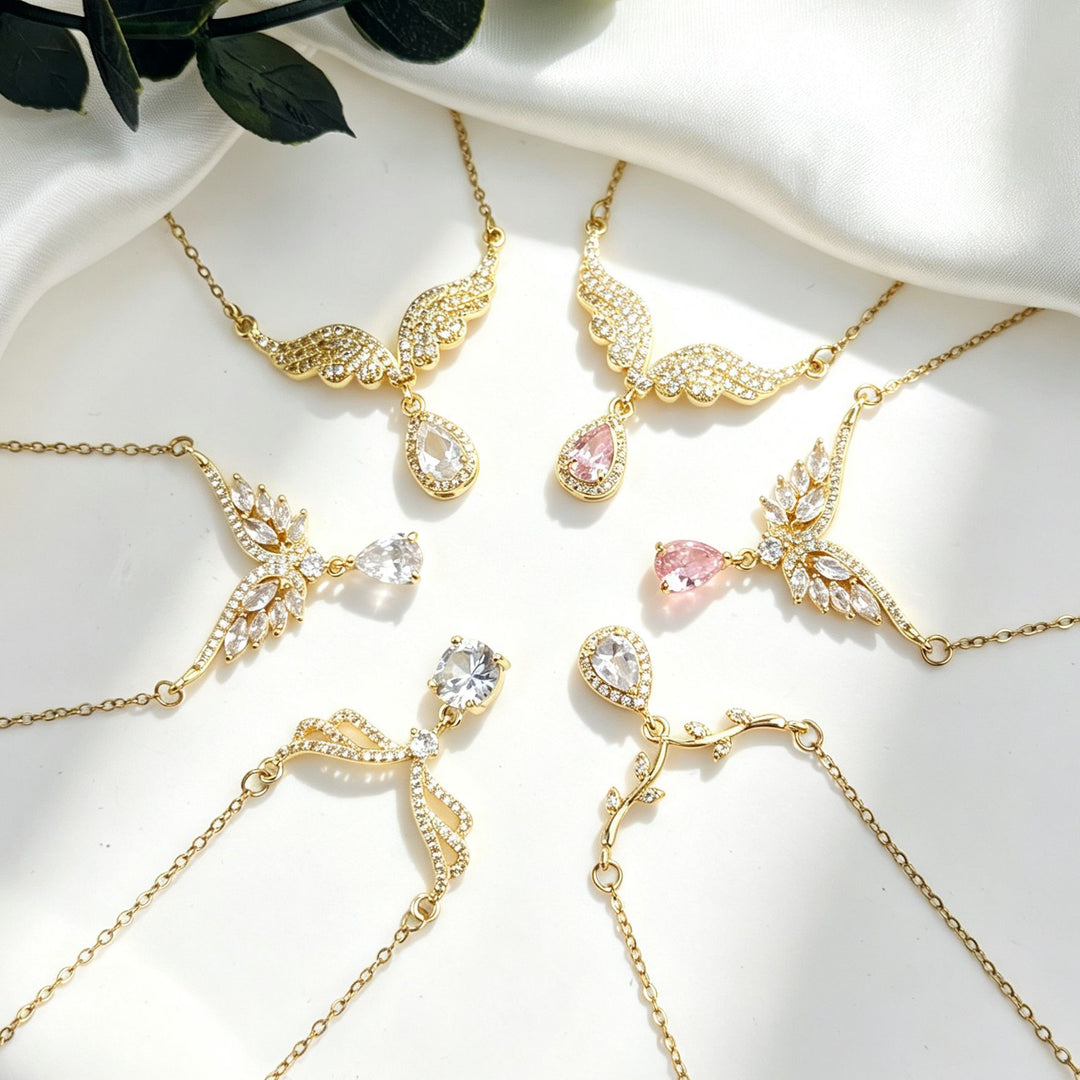 Angel Wing Teardrop Diamond Collarbone Necklace, Multiple Wing Styles Pink & White Diamond 14K Gold Plated Dainty Ladies Necklace