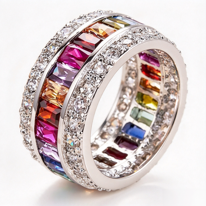 Double Layer Full Eternity S925 Silver Ring, Wide Band with Colorful / Clear Baguette Diamonds, Luxury Banquet Stackable Ring