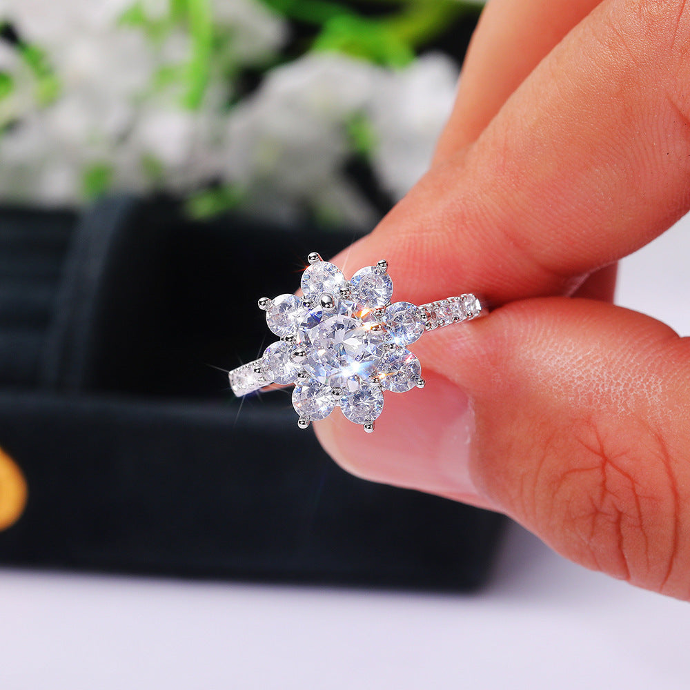 S925 Silver Sunflower Halo Diamond Ring, Luxury Pave‑Shank Engagement Proposal Women Ring