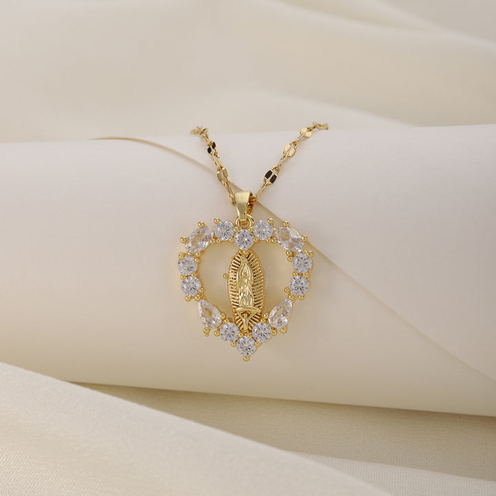 Heart Diamond Virgin Mary Pendant Necklace, Dainty Religious Heart Necklace