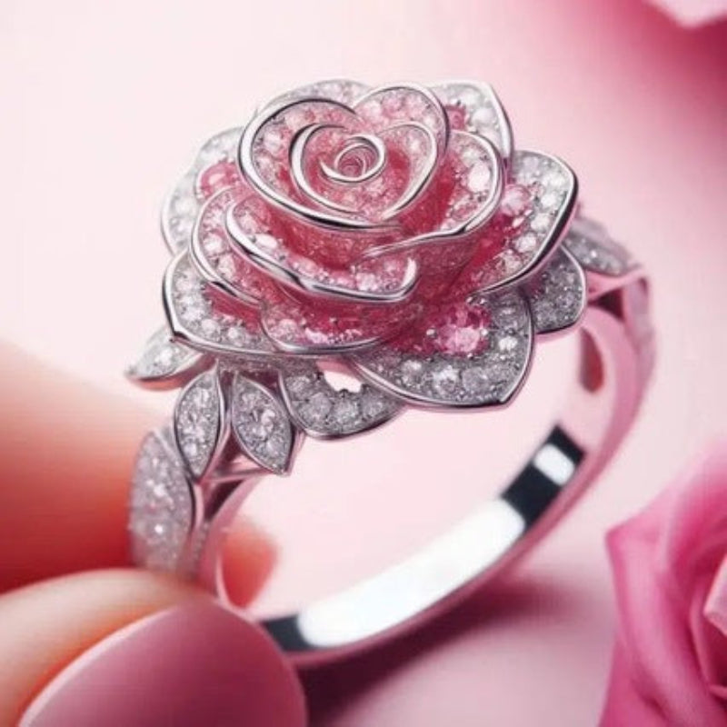 3D Pink‑Rose Pave‑Set Flower Ring