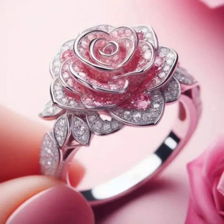 3D Pink‑Rose Pave‑Set Flower Ring