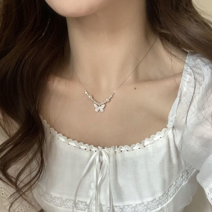 Embossed Butterfly & Pearl Thin Clavicle Chain, Dainty Geometric Bead Feminine Necklace