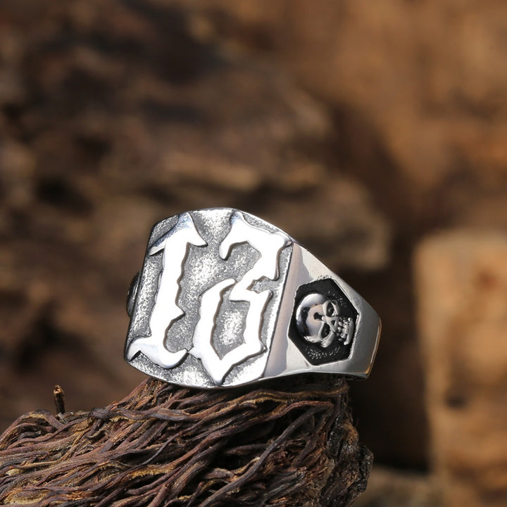 Vintage Number 13 Skull Signet Ring, S925 Silver Antiqued Punk Biker Statement Band For Men