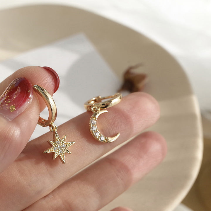 Asymmetric Star & Moon Paved Huggie Earrings, S925 Silver Hoops, Unique Octagram & Crescent Moon Drop Earrings, Gold & Silver Two Tones