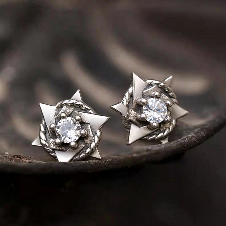 Vintage Antiqued Hexagram S925 Silver Stud Earrings, Rope Wrapped Diamond Studs, Dark Punk Unisex Earrings, White Diamond / Black Diamond Two Options