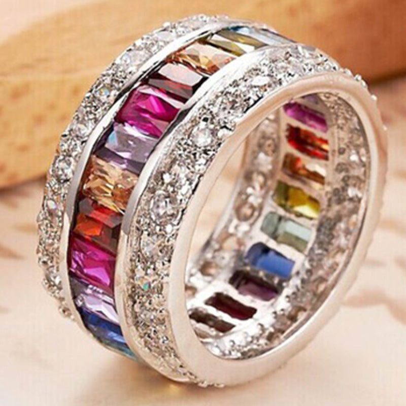 Double Layer Full Eternity S925 Silver Ring, Wide Band with Colorful / Clear Baguette Diamonds, Luxury Banquet Stackable Ring