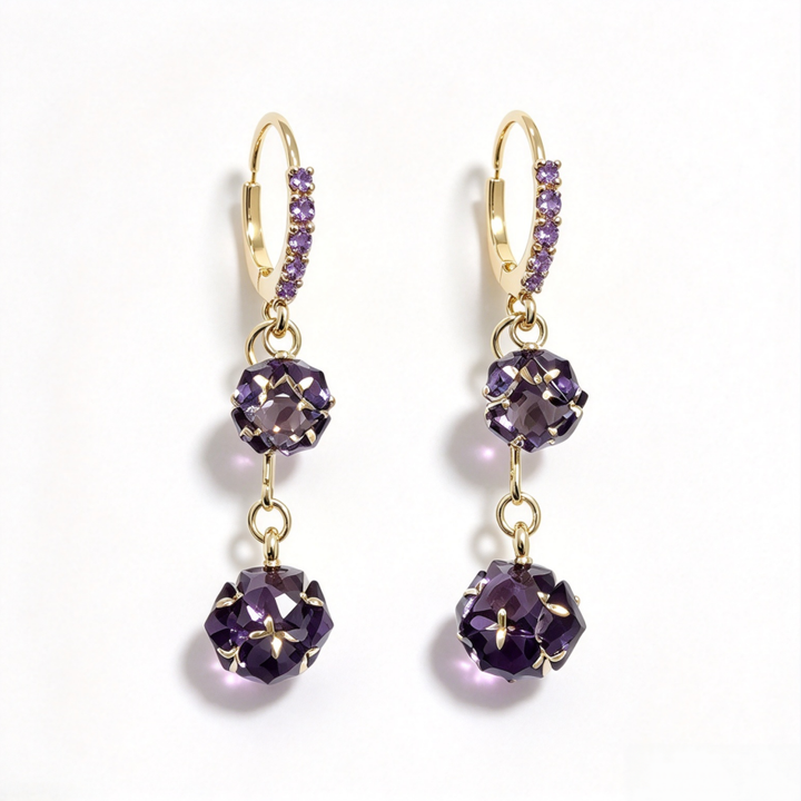 Paved C Hoop Double Ball Dangle S925 Silver Huggie Earrings, Luxury Long Layered Round Diamond Earrings, Clear & Dark Purple Two Tones