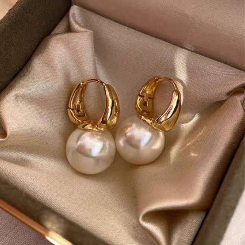 Gold Large Pearl C-shaped Huggie Earrings, Luxury Vintage Big Pearl Drop Earrings