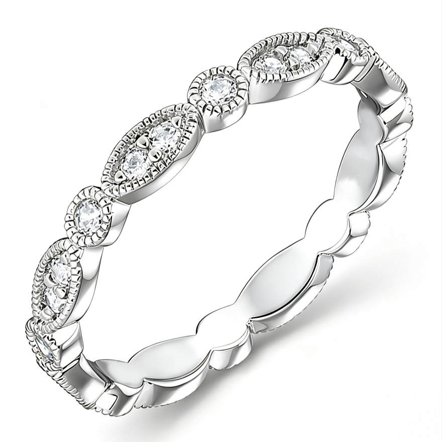 Vintage Milgrain Marquise Alternating Band, European Embossed Diamond Half Eternity Ring Gold Silver Stackable Wedding Guard Band