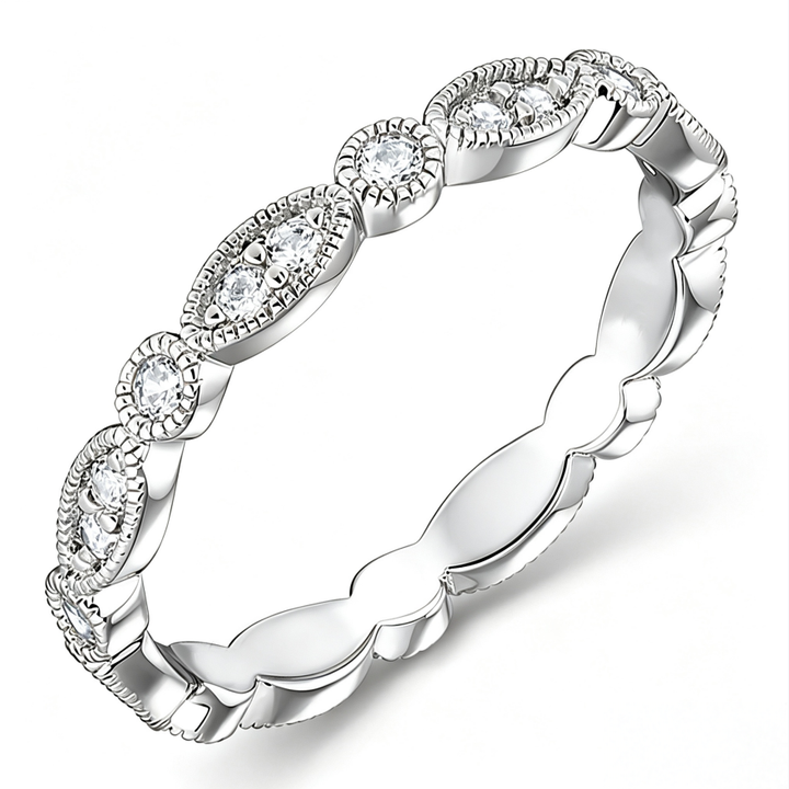 Vintage Milgrain Marquise Alternating Band, European Embossed Diamond Half Eternity Ring Gold Silver Stackable Wedding Guard Band