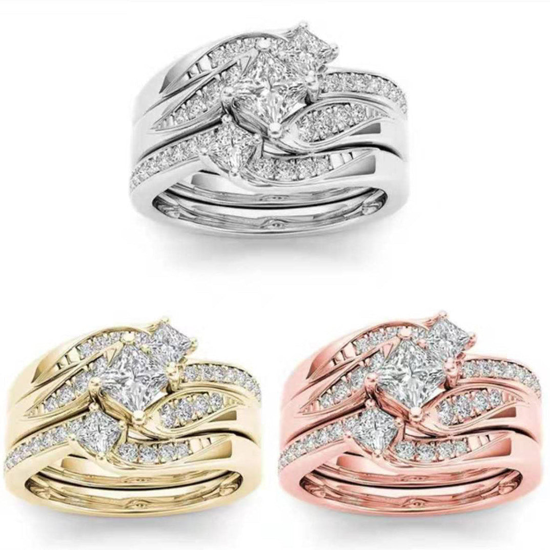 Multi‑Tone Princess‑Cut Stone Wave Stackable Ring Set