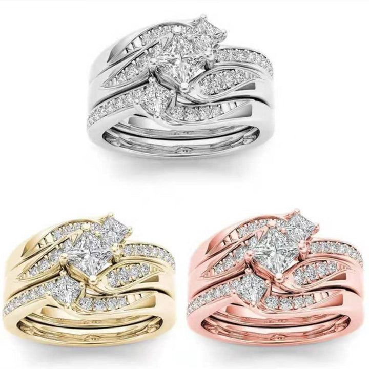 Multi‑Tone Princess‑Cut Stone Wave Stackable Ring Set
