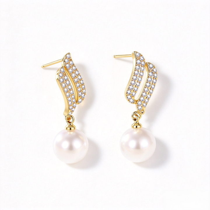 Gold Twisted Paved Diamond Pearl Drop S925 Silver Earrings, Elegant Luxury Long Pearl Dangle Earrings