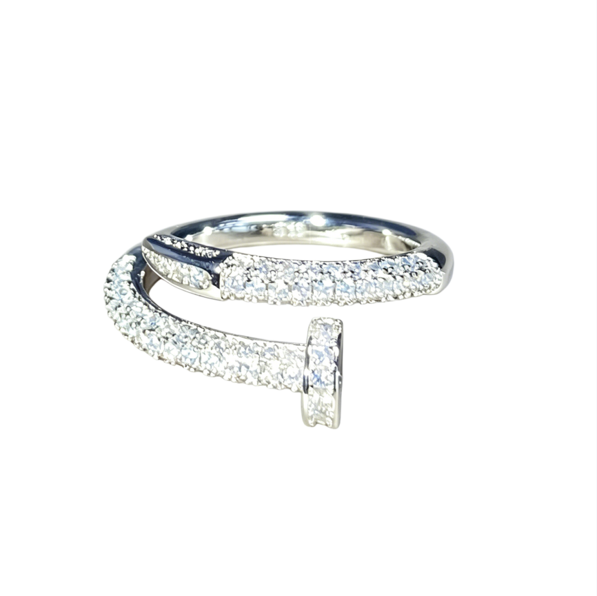 Full Pave Open Nail Shape Ring, Multi-Tone Plated Luxury Spiral Crystal Band