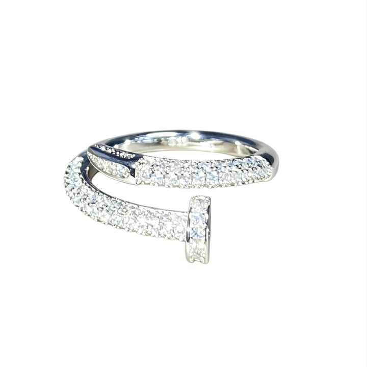 Full Pave Open Nail Shape Ring, Multi-Tone Plated Luxury Spiral Crystal Band