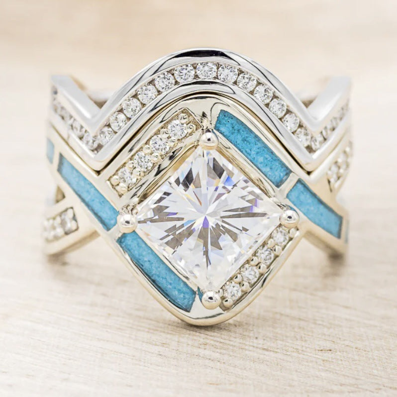 Native American Style Turquoise Inlay Diamond Stackable Ring Set, Square Gem Luxury Engagement Stacking Band