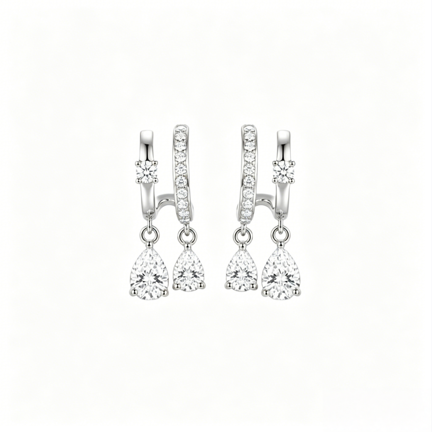 Double Teardrop Drop Diamond Hoop Earrings, Gold & Silver Luxury Paved Dangle Hoops