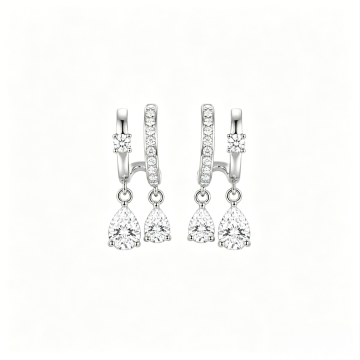 Double Teardrop Drop Diamond Hoop Earrings, Gold & Silver Luxury Paved Dangle Hoops