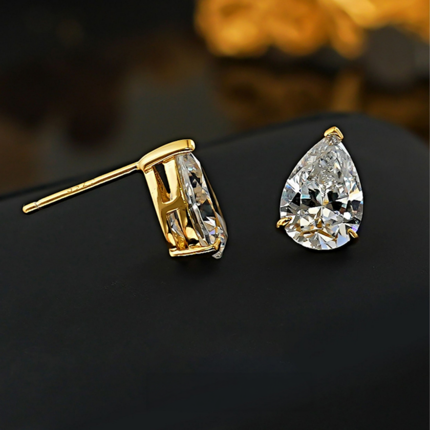 Pear Shape Teardrop Diamond Stud Earrings, Minimalist 4-Prong S925 Silver Earrings, Gold & Silver Two Colors Available