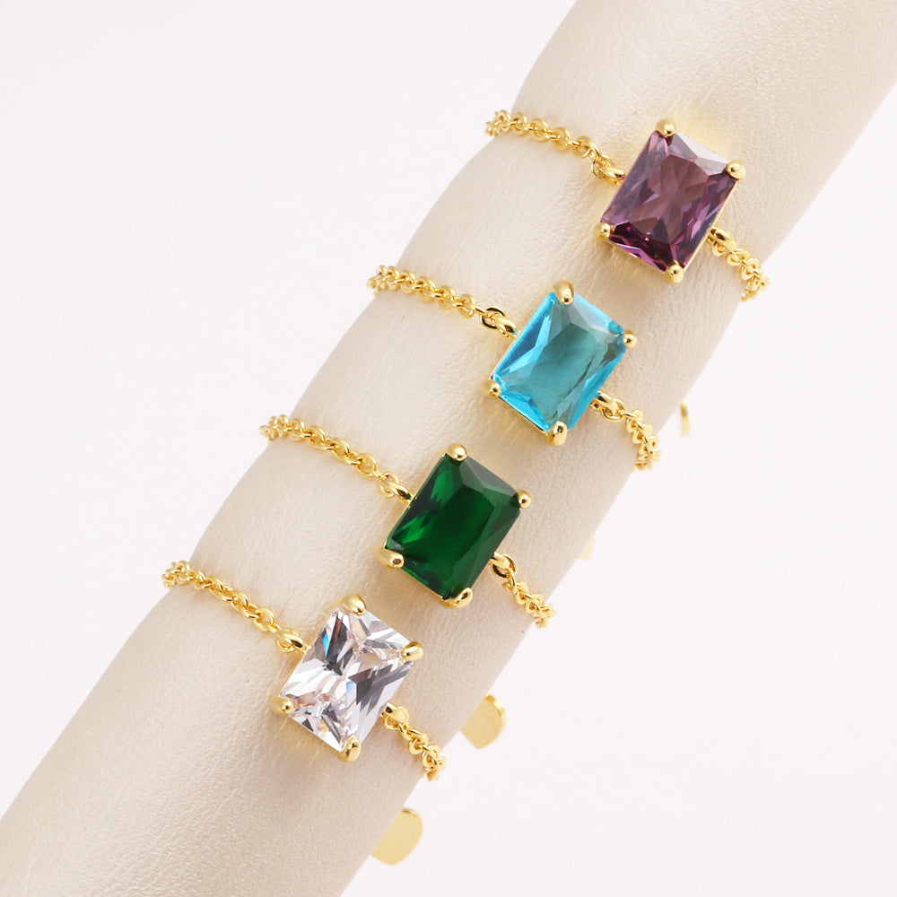 18K Gold Adjustable Chain Ring with Emerald-Cut Green Zircon