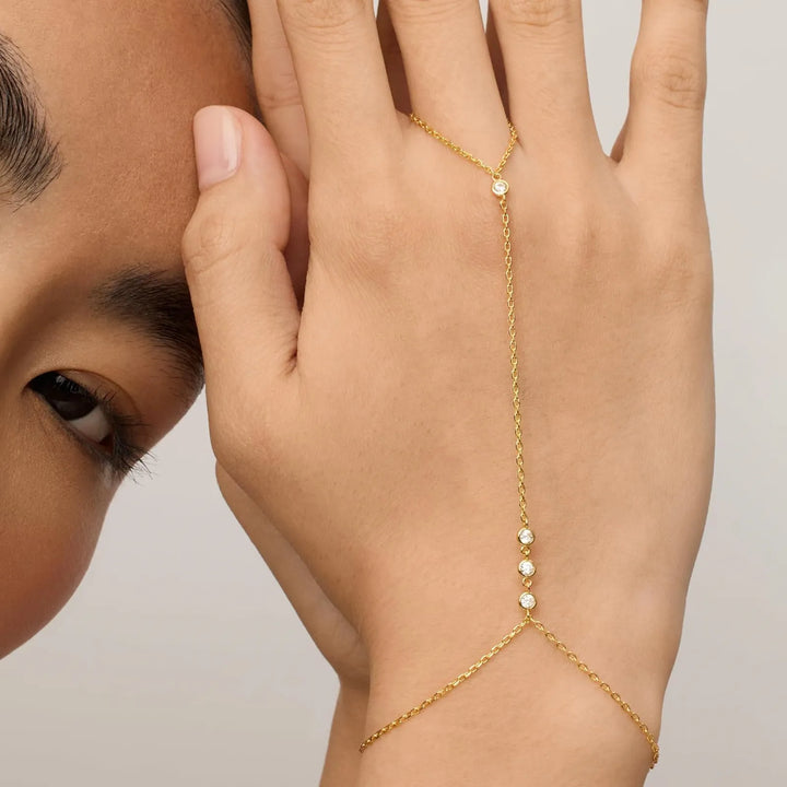 INS Style 18K Gold Plated Titanium Steel Bracelet with Rhinestone Discs & Finger Chain