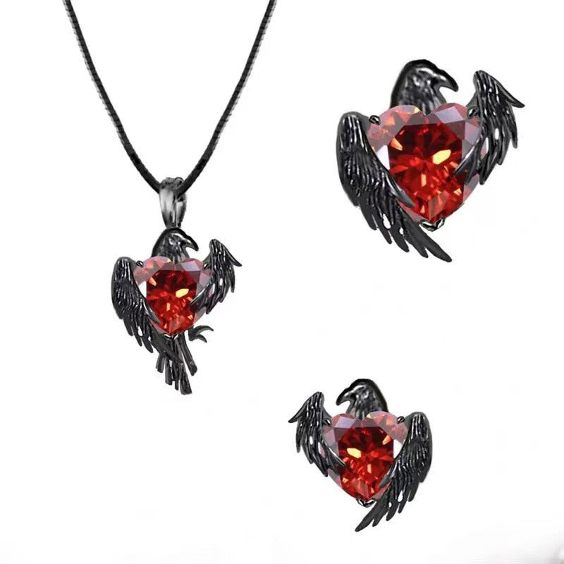 Black Raven and Red Heart Gothic Earrings Set
