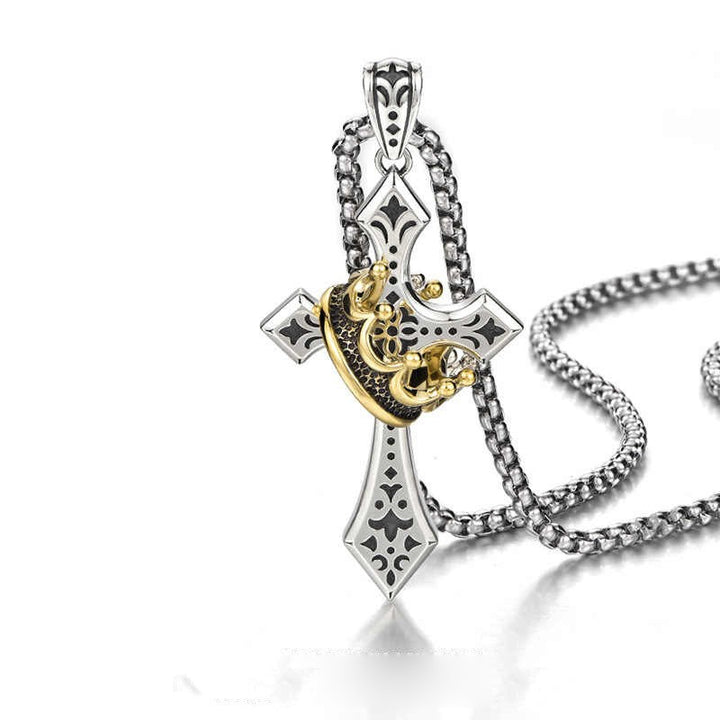 Golden Crown Cross Necklace – Men's Retro Thai-Silver Style Hip-Hop Pendant