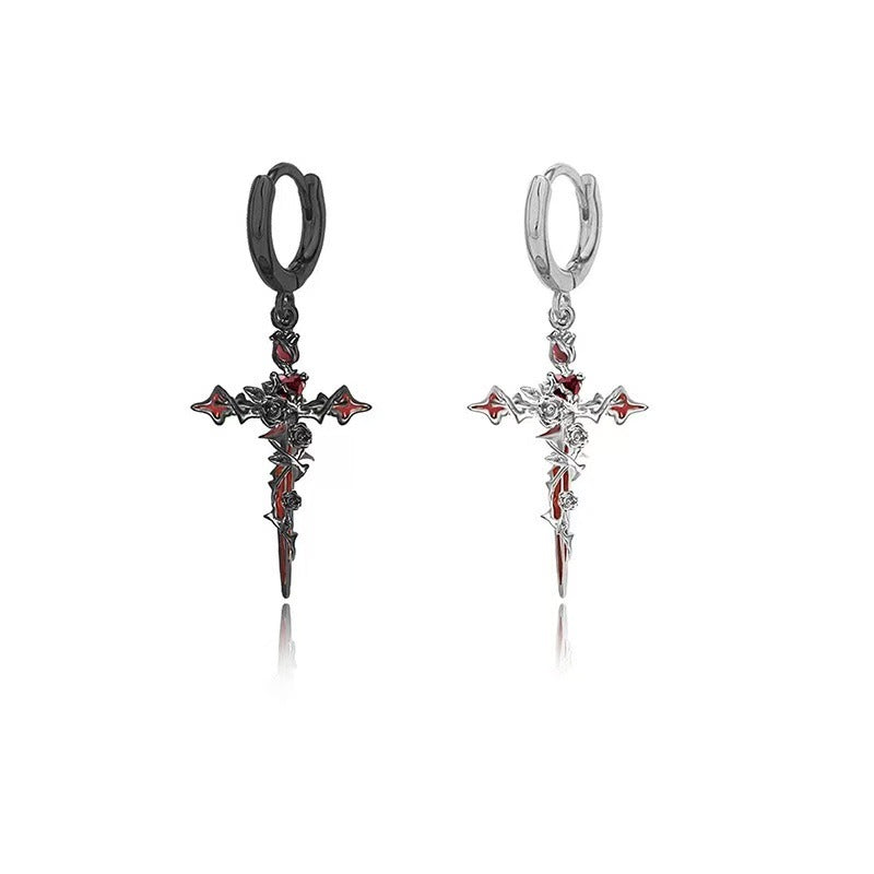 Gothic Fallen Angel Cross Earrings & Necklace Set with Red Heart and Rose – Silver Design